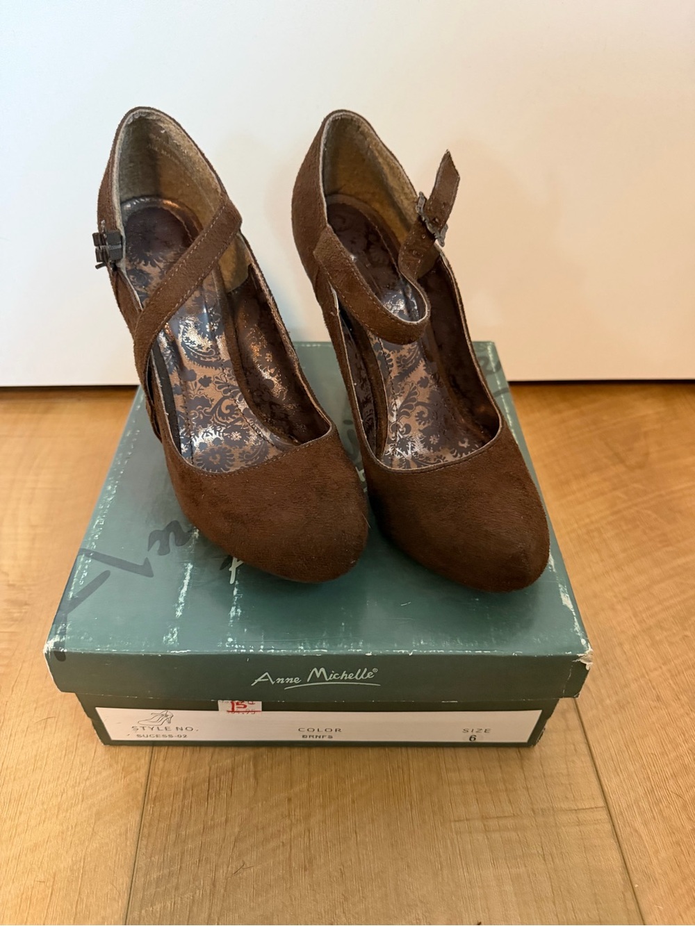 Anne Michelle Brown Suede Cross-Strap Mary Jane Heels